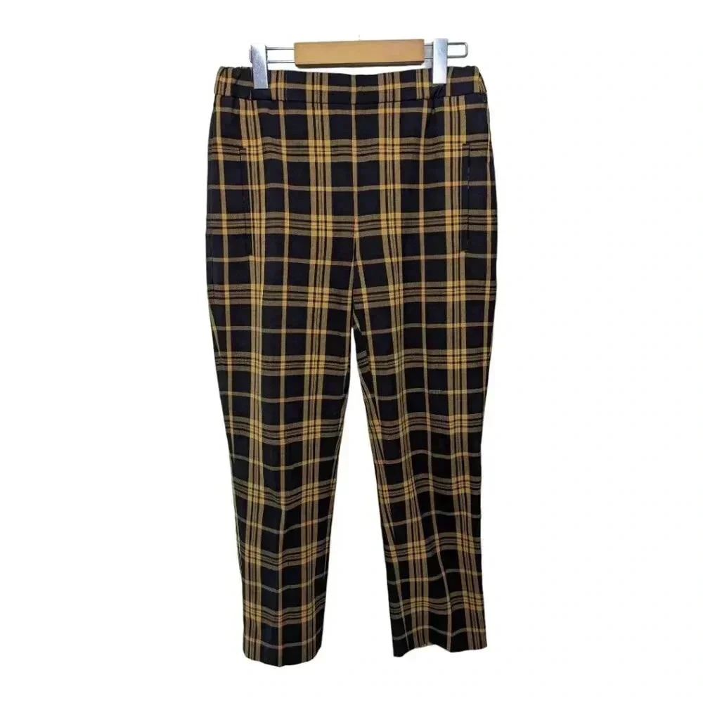 Aritzia Wilfred Womens Darontal Yellow Brown Plaid Pants Size 4 Elastic Waist